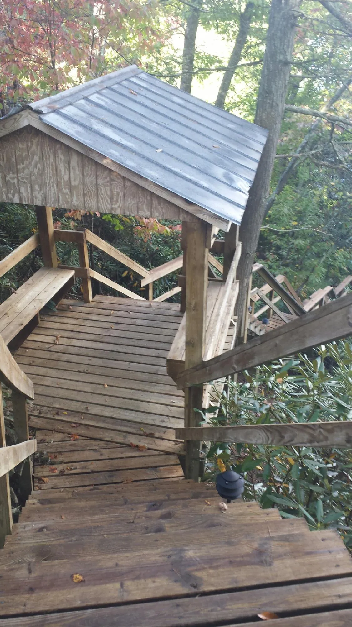 Metal roofed shelter over wooden steps on a wooded walkway — Skylight Repair & Installation work by our crew in Jones Mills